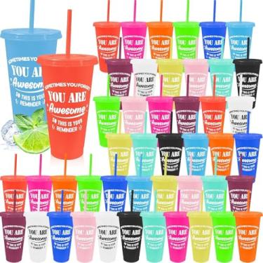 Imagem de Copo de agradecimento do funcionário, pacote com 48 copos de plástico com glitter com tampas e canudos, You are Awesome Caneca de café gelada reutilizável, conjunto de copos inspiradores de 680 g