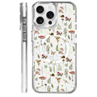 Imagem de OKBUOK Capa para iPhone 16 Pro Max [compatível com Magsafe], capa magnética transparente de silicone à prova de choque com padrão cogumelos borboletas plantas