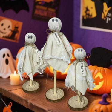 Imagem de FESTGLOX Decoração de fantasma de Halloween, fantasmas de tecido primitivo com suporte de madeira e juta para decorações de Halloween de fazenda, peça central de mesa rústica, cornija, decoração de