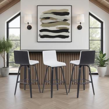 Imagem de Banqueta giratória moderna Vienna com assento de couro sintético branco de neve e moldura de madeira escovada preta conjunto de 3