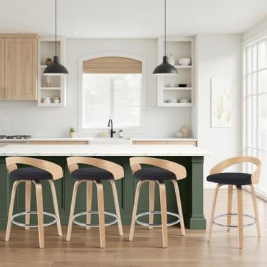 Imagem de Sonia — Banqueta de barra giratória moderna com assento estofado preto e acabamento de madeira de carvalho estampado, conjunto de 4