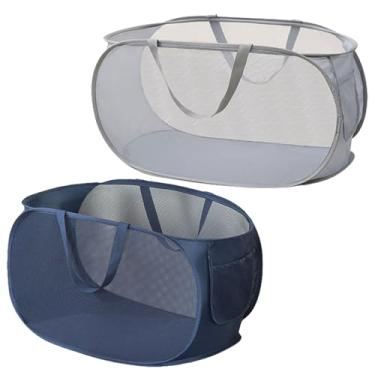 Imagem de Rubruan Cesta de roupa suja de malha pop-up de 2 peças, alças duráveis, cestas de lavanderia dobráveis para roupas dobráveis para lavanderia, dormitório universitário (cinza/azul marinho)