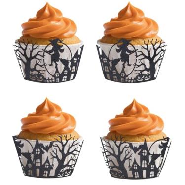 Imagem de Penitue 60un Unidades Embalagens Cupcakes Halloween, Embalagens para Cupcakes Abóbora Morcego e Bruxa Forros Papel Decoração Festas Halloween e Aniversários