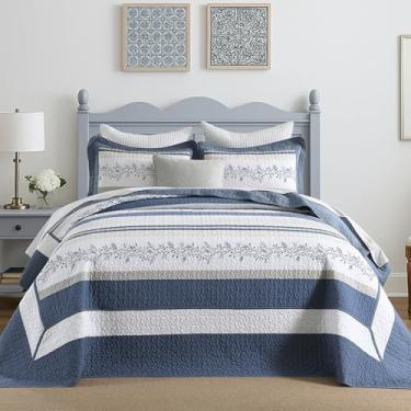 Imagem de SahSahCasa Conjunto de colcha de cama queen extragrande, 100% algodão, 304,8 x 259,1 cm, colcha acolchoada extragrande, edredom leve GG, 3 peças, azul/branco/creme