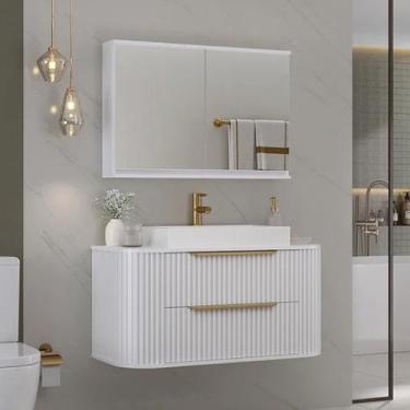 Imagem de Gabinete de Banheiro Ripado 100cm C/ Curvo Cuba e Espelheira - Rainha 