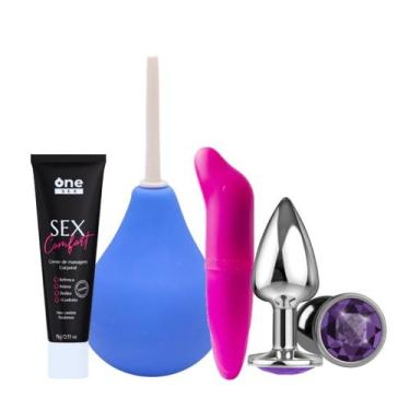 Imagem de Kit Plug Anal P + Sex Comfort Lubrificante Anal + Vibrador Ponto G+ Du