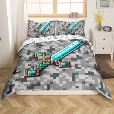 Imagem de Conjunto de capa de edredom de desenho animado com espada, tamanho casal, jogos temáticos pixelados, 3 peças, capa de edredom com bloco de areia azul para decoração de quarto de crianças, meninos e