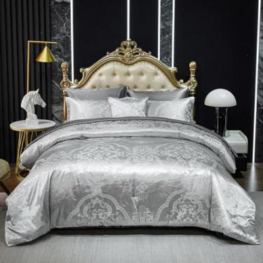 Imagem de Jogo de cama queen cinza, 8 peças, de cetim, vintage, neoclássico, floral, elegante, decoração de casa, edredom macio, hotel de luxo, cama sedosa em uma bolsa com 1 capa de almofada