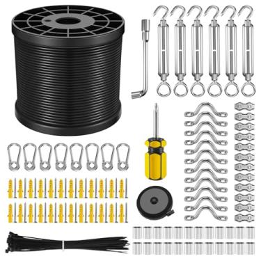 Imagem de Kit de suspensão de luz com corda de arame de aço inoxidável 304 revestido de nylon de 250 pés, kit de suspensão de corda leve, fio guia com fivelas e ganchos para pátio, acessórios de iluminação de quintal