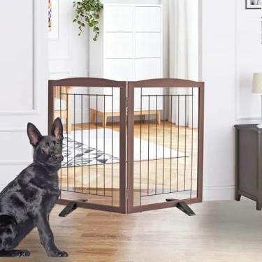 Imagem de ZJSF Cerca interna independente para cães, portão dobrável para portas, escadas ou corredores, portão extra largo de madeira resistente para animais de estimação com pés de suporte para casa, marrom