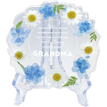 Imagem de Bon Cube Presente para a avó decoração de prato de lembrança floral de resina com flores reais prensadas (azul e branco) – presentes de aniversário para avó, lembrança artesanal exclusiva para