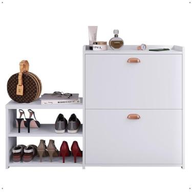 Imagem de Sapateira Hall Entrada 2 Gaveta Basculante Puxador Concha Banco Prateleira Porta Sapatos Sala Quarto Retrô Milano - RPM (Branco)