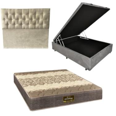 Imagem de Cama Box Baú Blindada com Colchão de Espuma Orthopedic + Cabeceira Botonê - Casal 138x188 (SUEDE CINZA)