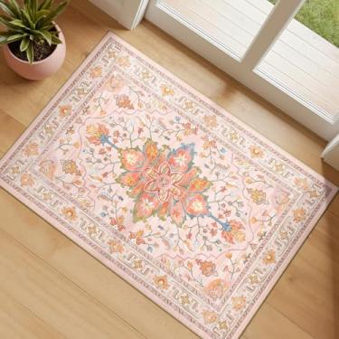 Imagem de RELEANY Tapetes de área de 6 x 7 cm lavável, antiderrapante, estampa floral, vintage, tapete medalhão para sala de estar, quarto, sala de jantar, rosa claro, colorido