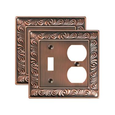 Imagem de TREEWELL Pacote com 2 placas de cobertura para interruptor de luz duplex/interruptor, placa decorativa para tomada de parede com padrão paisley, cobre antigo 2 placas de parede de metal para tomadas