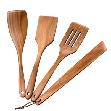 Imagem de Svailse Pacote com 4 espátulas planas de madeira, espátulas de madeira de acácia de 30 cm para cozinhar, flipper de madeira multifuncional, perfeita para mexer, girar, raspar, virar, ovo, peixe e