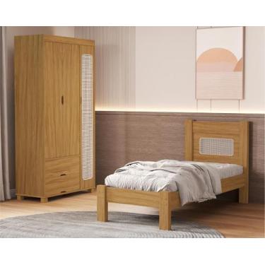 Imagem de Kit Cama Solteiro Para Quarto MDF Com Guarda Roupa 3 Portas 2 Gavetas 