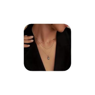 Imagem de MAIYIDACK Colares femininos com pingente em camadas de ouro, banhado a ouro 14 quilates, conjunto de colares pretos delicados, gargantilha com contas, joia de declaração, presente para ela