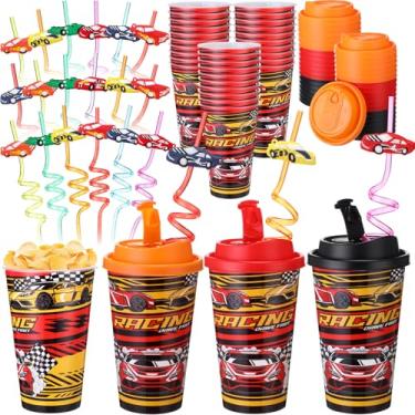 Imagem de Yungyan 24 conjuntos de copos de lembrancinhas de festa de carro de corrida com tampas e canudos para decorações de aniversário reutilizáveis 473 ml copos de plástico para doces canudos de plástico
