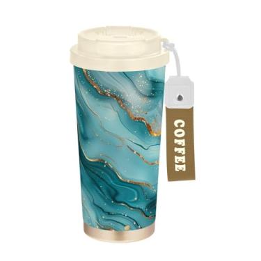 Imagem de YETTASBIN Caneca de café de mármore com isolamento térmico de 482 g com tampa canudo, copo à prova de derramamento e vazamento com alça para bebida quente e fria, garrafa de água de aço inoxidável