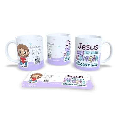 Imagem de Caneca Devocional Jardim da Paz, Branca com Listras Rosa e Verde, Flores, Tema Religioso (2299)