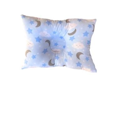 Imagem de Travesseiro Anatômico Bebê para Berço e Carrinho, Estampa Céu com Estrelas e Luas, Fibra Siliconada Hipoalergênica, 27x37cm (Azul Bebê)