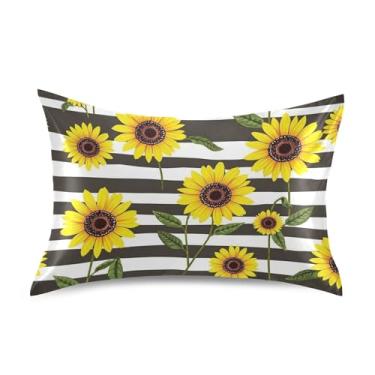 Imagem de Fronhas de cetim listradas girassóis amarelos linda decoração de cama refrescante arte fofa rei queen fronha padrão tamanho padrão 66.0 cm x 50.8 cm