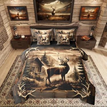Imagem de Erosebridal Conjunto de edredom Queen rústico de veado ocidental com 7 peças, para homens, adultos, animais selvagens, alce, alce, caça, cama, em uma bolsa, vintage, floresta