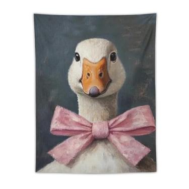 Imagem de Ganso branco com gravata borboleta rosa tapeçaria de parede peculiar decoração animal de fazenda fundo escuro arte encantadora para sala de estar quarto brincalhão estilo country decoração pendurada