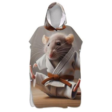 Imagem de TSENQUE Rato Karatê Mouse Bonito Surf Poncho Trocador Roupão para Adul Praia Banho Com Capuz Toalhas Viagem Homens Mulheres Poncho com Capuz