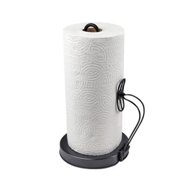 Imagem de Spectrum Suporte de toalha de papel Yumi com braço de tensão suporte de rolo de toalha de bancada preto para cozinha com base ponderada design moderno vertical preto