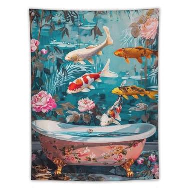 Imagem de Tapeçaria de banheiro japonesa Koi Peixe Colorido Zen Pond Wall Hanging Floral Banheira Arte Boho Spa Decor Para Banheiro Chuveiro Relaxante Estilo Asiático Decoração de Parede Casa 152 x 203