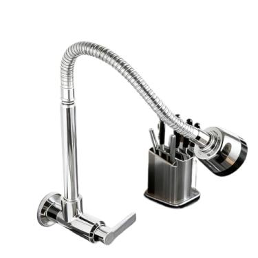 Imagem de Torneira de Cozinha Parede Água Fria com Bico Flexível Giratório 360° – 2 Modos de Jato, Alavanca Única, Válvula Cerâmica 1/4 de Volta(Prata Redondo-8)