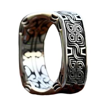 Imagem de Anel Amuleto Viking Nórdico De Aço Inoxidável Com Padrão Quadrado Em R