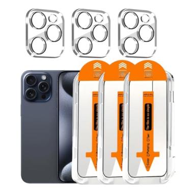 Imagem de Pacote com 3 protetores de tela para iPhone 15 Pro [6,1 polegadas] com 3 protetores de lente de câmera, dureza 9H + 3,5 m, grau militar, à prova de estilhaçamento, resistente a arranhões, película de