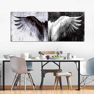 Imagem de 1 peça Arte em tela de asas de anjo design preto e branco moderno painel único decoração de parede horizontal para casa, sala de estar, escritório. (Observação: sem moldura), 30 x 90 cm