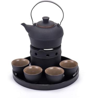 Imagem de Conjunto de saquê japonês de cerâmica quente com aquecedor de 6 peças, 4 xícaras, chaleira de saquê e base de aquecimento para Natal, aniversários e aniversários, bandeja de cerâmica