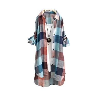 Imagem de Blusa Feminina plus Size Vintage Com Listras E Xadrez, Manga Longa, Le