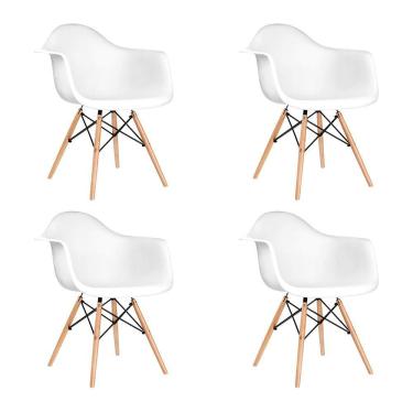 Imagem de Kit 4 Poltronas Eames De Madeira Com Braço Daw Com Assento Branco - Cor: Branco