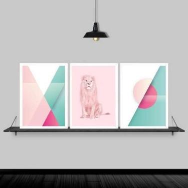 Imagem de Kit 3 Quadros Abstratos Leão Rosa 33X24Cm Moldura Branca - Quadros On-
