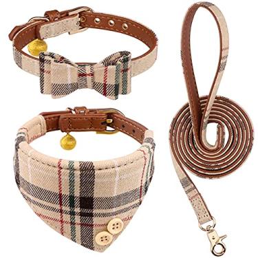 Imagem de Conjunto de 3 coleiras para cães pequenos, coleira para filhotes e coleira para cães, gravata borboleta com sino, bandana de couro para cães pequenos, filhotes e gatos (bege)