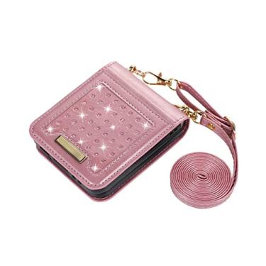 Imagem de Capa de celular Bling Glitter Crossbody para Samsung Galaxy Z Flip 4 3 5G Flip4 Flip3 Slot para cartões de crédito Capa de couro com cordão, ouro rosa, para Galaxy Z Flip3 5G