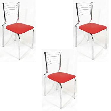 Imagem de Kit 3 Cadeiras Empilhável de Cozinha Cromada Assento Vermelho Pé em tubo 20x20 - Poltronas do Sul
