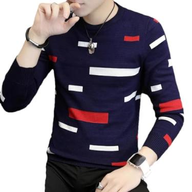 Imagem de KANG POWER Suéter de manga comprida masculino meia manga suéter de malha primavera outono bonito masculino listrado fino suéter masculino, Azul marinho, Medium