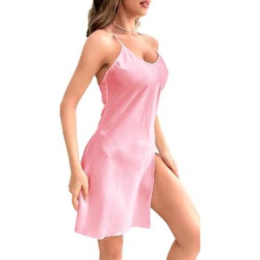 Imagem de Camisola feminina de seda dividida saia para dormir camisola camisola sem cadarço vestido de dormir curto, rosa GG