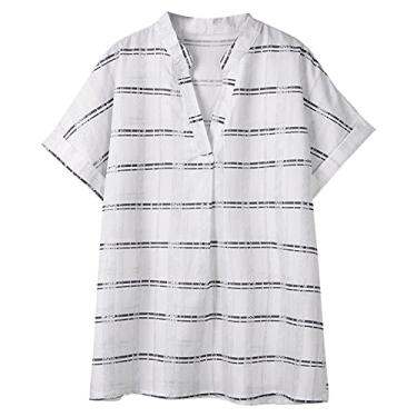 Imagem de Camisetas femininas xadrez Henley gola V casual solta manga longa túnica blusas camisetas maxi vestidos de verão, Branco, P