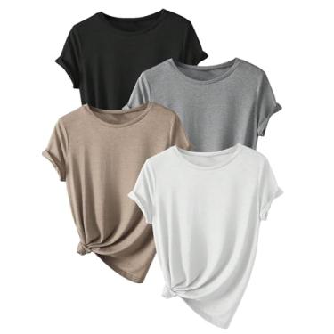 Imagem de SOLY HUX Conjunto de camisetas femininas básicas plus size, manga curta, gola redonda, solta, 4 peças, Preto, cinza, bege, branco, X-Large Plus