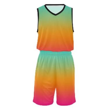 Imagem de CHIFIGNO Camiseta de basquete infantil pêssego, respirável e confortável, camiseta de treino de futebol 5T-13T, Gradiente rosa laranja azul-petróleo, P