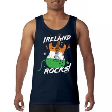 Imagem de Ireland Rocks Camiseta regata masculina com bandeira de guitarra Dia de São Patrício Shamrock Groove Vibe Pub Celtic Rock and Roll Clove, Azul marinho, Medium