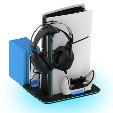 Imagem de Suporte de resfriamento para PS5 Slim, carregador de controlador duplo, acessórios PS5 com luz RGB, ventilador de resfriamento de três estágios, suporte para fone de ouvido, slot de jogo. (preto)
